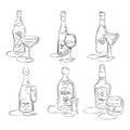 Bottle and glass vermouth, wine, martini, champagne, tequila, whiskey together in hand drawn style. Beverage outline icon.
