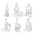 Bottle and glass vodka, whiskey, liquor, beer, wine, rum together in hand drawn style. Beverage outline icon. Restaurant