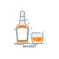 Bottle and glass whiskey line art in flat style. Restaurant alcoholic illustration for celebration design. Design contour element Royalty Free Stock Photo