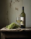 Bottle and glass of white wine and grapes on a wooden table Royalty Free Stock Photo