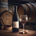 Glass of red wine on background of wooden oak barrels in cellar of winery Royalty Free Stock Photo