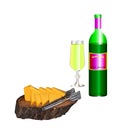 A bottle and a glass of white wine with pieces of cheese on a tray of valuable tree trunks.