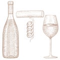 Bottle and glass of wine with corkscrew. Hand drawn sketch. Royalty Free Stock Photo