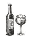 Bottle with a glass of wine. Sketch vintage vector illustration