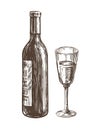Bottle with a glass of wine on white background. Hand-drawn sketch vector illustration