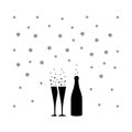 Bottle and glasses of champagne with sparkling stars, snowflakes icon vector illustration set. Christmas Eve New Year happy event Royalty Free Stock Photo