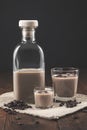 Bottle and glasses of Cream coffee liqueur with ice, and coffee  beans on rustic wooden background Royalty Free Stock Photo