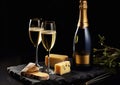 Bottle and glasses of luxury champagne on black stone board with cheese.Macro.AI Generative