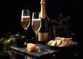 Bottle and glasses of luxury champagne on black stone board with cheese.Macro.AI Generative