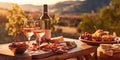 Bottle and glasses of pink rose wine with snack board on table on summer romantic evening.Macro.AI Generative Royalty Free Stock Photo