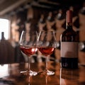 Bottle and glasses of red wine on background of wooden oak barrels in winery Royalty Free Stock Photo