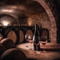 Bottle and glasses of red wine on background of wooden oak barrels in winery cellar Royalty Free Stock Photo