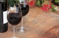 Bottle & Glasses Red Wine on Outdoor Table Royalty Free Stock Photo