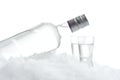 Bottle and glasses of vodka lying on ice on white background