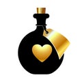 Bottle with a golden heart and a tag on a white background. Magic elixir of love or poison. Isolated object. Vector Royalty Free Stock Photo