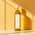 Bottle of golden liquid with blank label against yellow background with window shadow casting behind Royalty Free Stock Photo