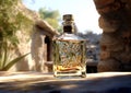 Bottle of golden tequila in mexican village backgroun.Macro.AI Generative