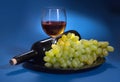 A bottle of grape wine and white grapes on a blue background Royalty Free Stock Photo