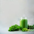 Bottle of green celery smoothie on grey concrete background with copy space. Square crop. Fresh juice for detox. Vegan, alkaline