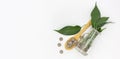 bottle with green leaves, natural pills Royalty Free Stock Photo