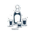 Bottle and group various glass tequila line art in flat style. Restaurant alcoholic illustration for celebration design. Design Royalty Free Stock Photo