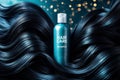 A bottle of hair care shampoo surrounded by long, wavy hair. AI generated Royalty Free Stock Photo