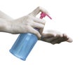 Bottle of hand sanitizer,alcohol, poured into hands Disinfection concept: Liquid soap, squeezed, blue gel. for Anti-virus and anti