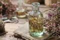 Bottle of heather essential oil, bunch of Calluna vulgaris flowers on background. Alternative herbal medicine