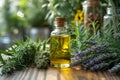 Bottle of hemp oil with cannabis and flowers Royalty Free Stock Photo