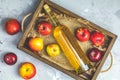 Bottle of homemade apple cider with apples in box Royalty Free Stock Photo