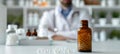 Bottle of homeopathic medicine pellets with a blurred doctor Homeopath in the background. White homeopathic globules Royalty Free Stock Photo