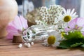 A bottle of homeopathic remedies with chamomile and other flower Royalty Free Stock Photo