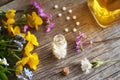 A bottle of homeopathic tablets with fresh herbs on a table Royalty Free Stock Photo