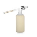 Bottle of hydrophilic oil and pipette on white background