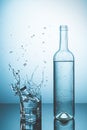 Bottle of ice water with drops, and glass of water with ice falling with splash. Water splash and Refreshing Drinks Concept Royalty Free Stock Photo