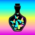 Bottle icon with colorful butterflies, moths on a colored background. Magic elixir of love, perfumery. Vector Royalty Free Stock Photo