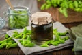 Bottle of infusion, liquid chlorophyll or drink from fir buds and needles, jar of spruce tips and wooden crate of fir tree twigs