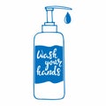 Bottle with inscription Wash your hands Sanitizer dispenser. Liquid soap vector line. Corona virus prevention. Hand