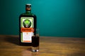 Bottle of Jagermeister alcohol drink, German digestif made with 56 herbs and spices. Royalty Free Stock Photo