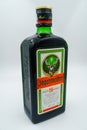 Bottle Jagermeister, herbal aroma liqueur. Drink has alcohol herbs and spices. Digestif, aperitif