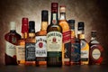 Bottle of Jameson irish whiskey on background of other popular brands of whiskey whisky