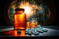 Bottle and Jar of Pills for Medication Storage and Organization, Prescription opioids, with bottle of many pills on the mirror