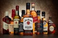 Bottle of Jim Beam bourbon whiskey on background of other popular brands of whiskey whisky
