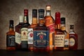 Bottle of Jim Beam bourbon whiskey double oak twice barreled on background of other popular brands of whiskey whisky