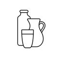 Bottle, jug and glass with drink. Linear icon of milk, cream, kefir, yogurt or ryazhenka. Black simple illustration of farm dairy Royalty Free Stock Photo