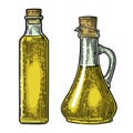 Bottle and Jug glass of liquid with cork stopper. Olive oil.