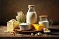 Bottle and jug with milk bowl with cottage cheese and dairy product on wooden table