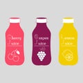 Bottle of juice, sugar water, tea or cocktail with drawing cherry, grapes and lemon. Concept design for juice or