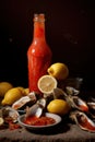 A bottle of ketchup next to a plate of oysters and lemons. Generative AI image. Royalty Free Stock Photo