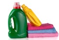 Bottle laundry detergent and conditioner with towels on white background